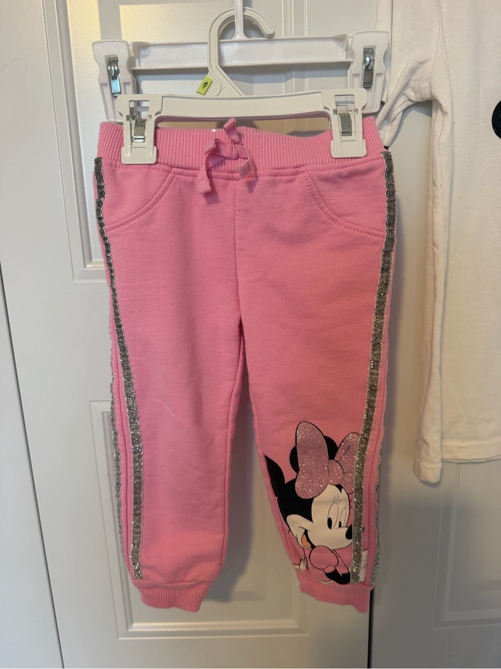 Disney Pink Minnie Mouse Jogger Pants with Silver Glitter Stripes